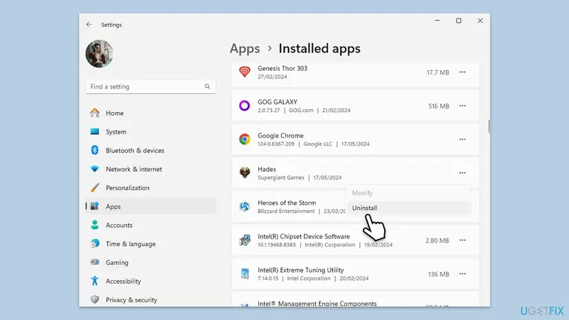 Windows 11 Settings, Apps, Installed apps list with the menu of a program open and Uninstall selected