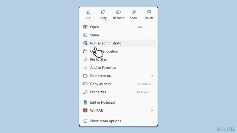 Windows 11 right-click menu of a launcher shortcut with Run as administrator highlighted above Open file location and Properties
