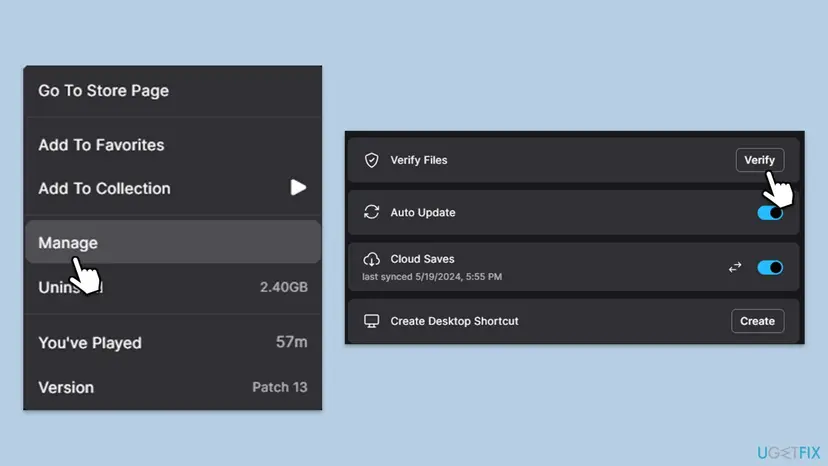 Epic Games Launcher game menu with Manage selected and the Manage panel showing Verify Files with a Verify button, Auto Update and Cloud Saves