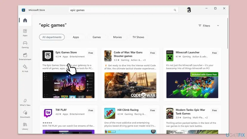 Microsoft Store on Windows 11 with a search for epic games and the free Epic Games Store app shown as the first result