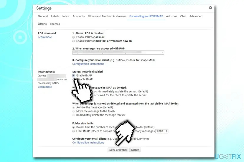 Gmail web settings on the Forwarding and POP/IMAP tab with Enable IMAP selected and the Save Changes button
