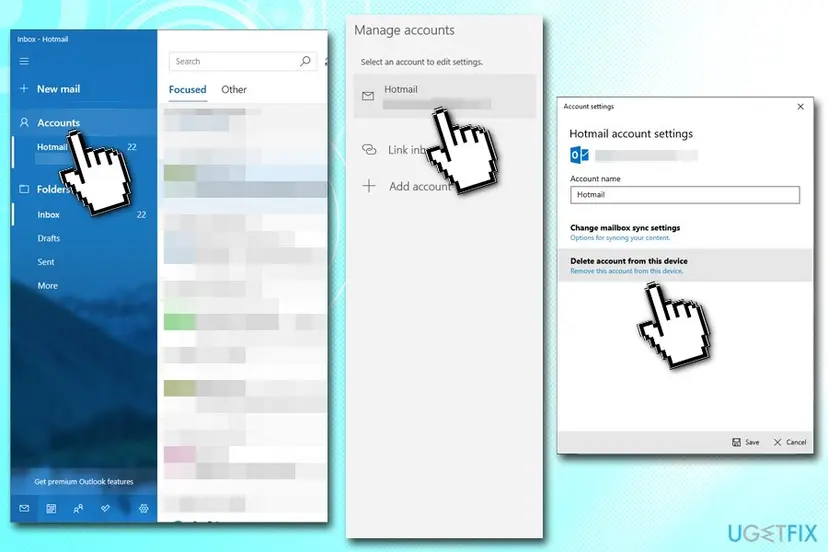 Windows Mail app with Accounts, the Manage accounts pane and Account settings showing Delete account from this device