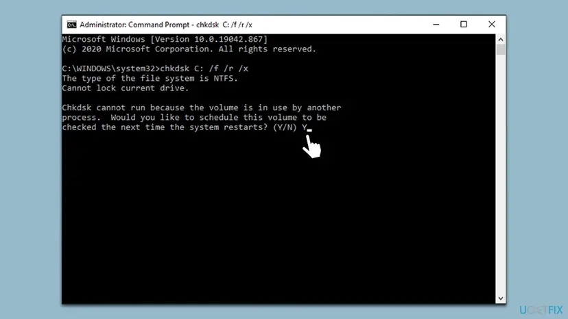 Administrator Command Prompt running chkdsk C: /f /r /x and asking to schedule the check at the next restart because the volume is in use