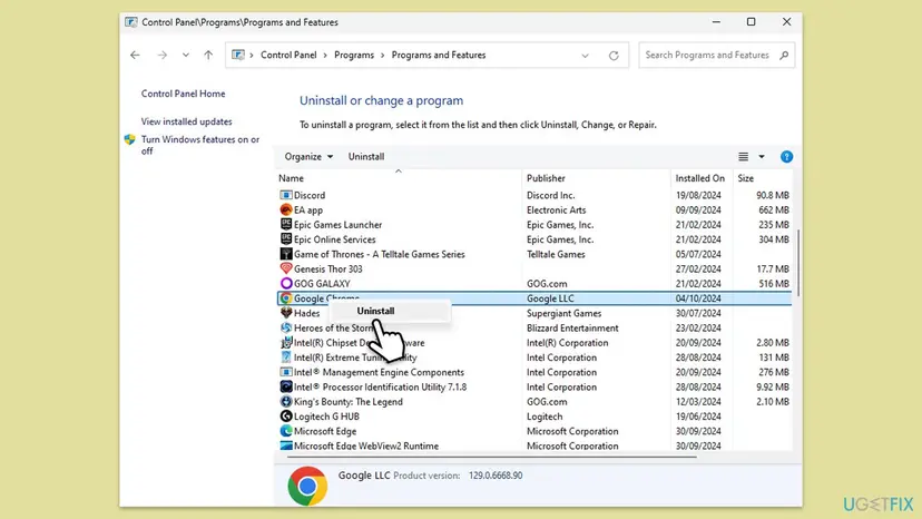 Control Panel Programs and Features window on Windows 11 with a program selected in the Uninstall or change a program list and the Uninstall option open