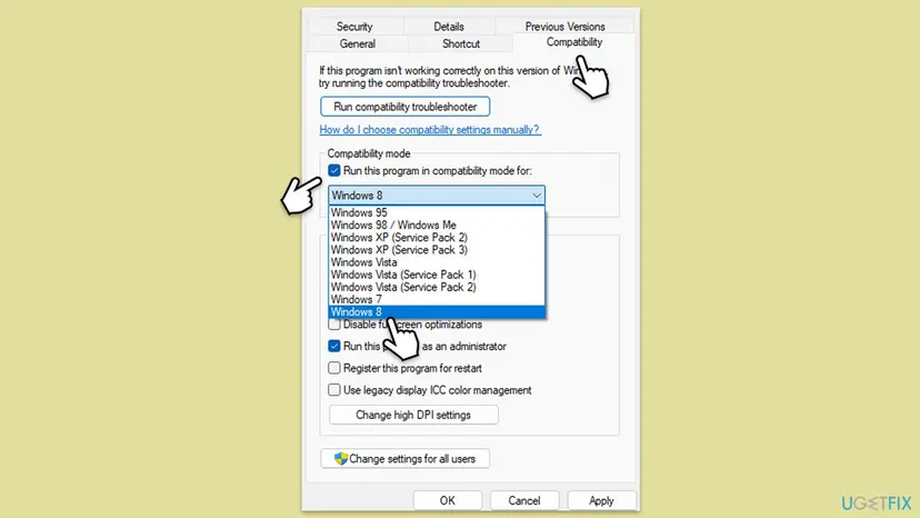 Compatibility tab of a program's Properties on Windows 11 with Run this program in compatibility mode for ticked, the Windows version list open on Windows 8 and Run this program as an administrator ticked