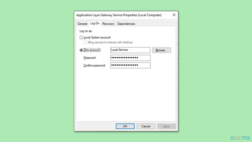 The Log On tab of a service's Properties window with This account set to Local Service and the Local System account option above it