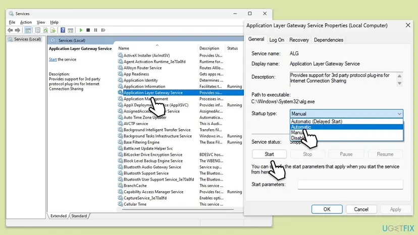 Services on Windows 11 with the Properties of Application Layer Gateway Service open, the Startup type list showing Automatic, Manual and Disabled, and the Start button
