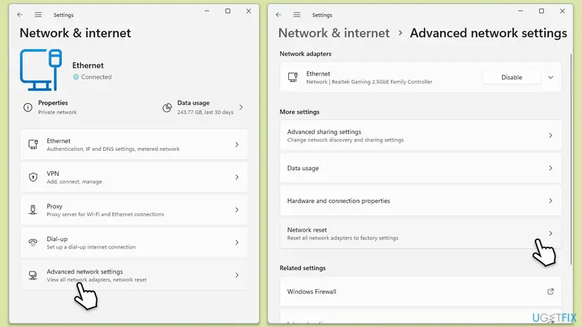 Windows 11 Settings, Network and internet page with Advanced network settings selected and the next page showing the Network reset entry