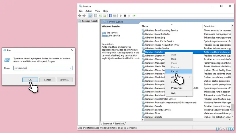 Run box with services.msc next to the Services window where Windows Installer is selected and Restart is highlighted in its menu
