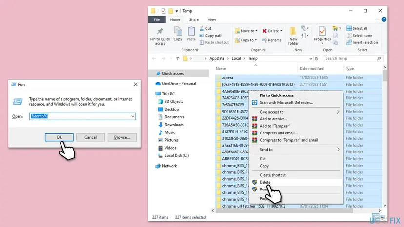 Run box with %temp% typed in, next to File Explorer showing the AppData Local Temp folder with all items selected and Delete in the menu