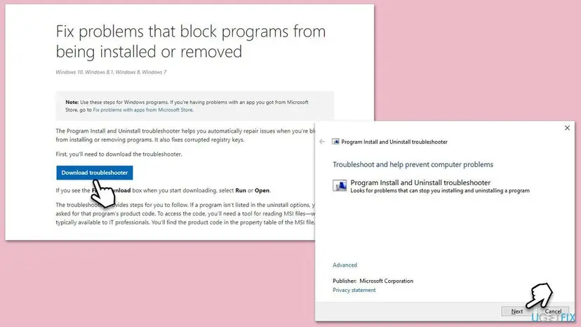 Microsoft support page with the Download troubleshooter button next to the Program Install and Uninstall troubleshooter window and its Next button