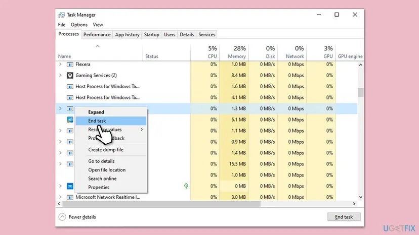 Task Manager Processes tab with a right-click menu open on a process and End task highlighted