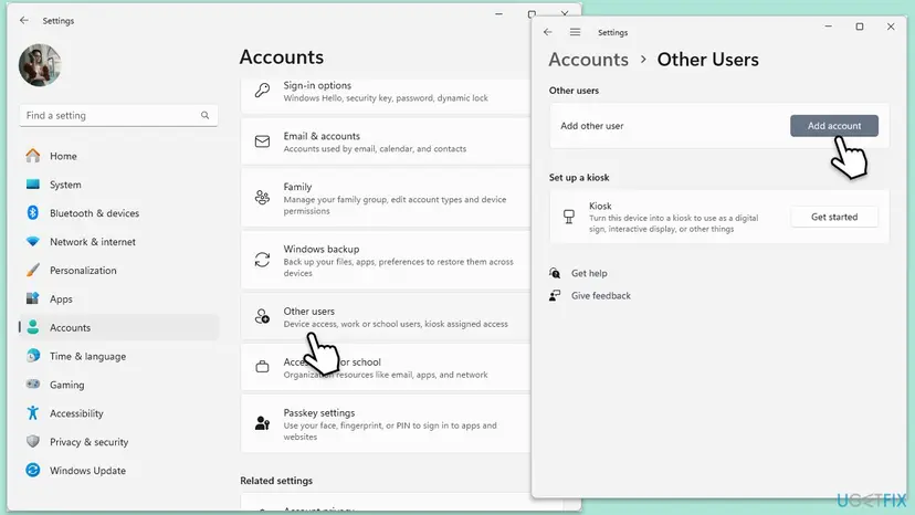 Windows 11 Settings, Accounts page with Other users selected and the Other Users page where accounts are listed and added