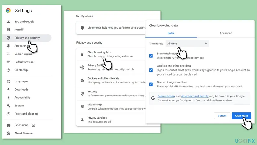 Chrome settings at Privacy and security with the Clear browsing data dialog open, time range All time and cookies and cached images checked