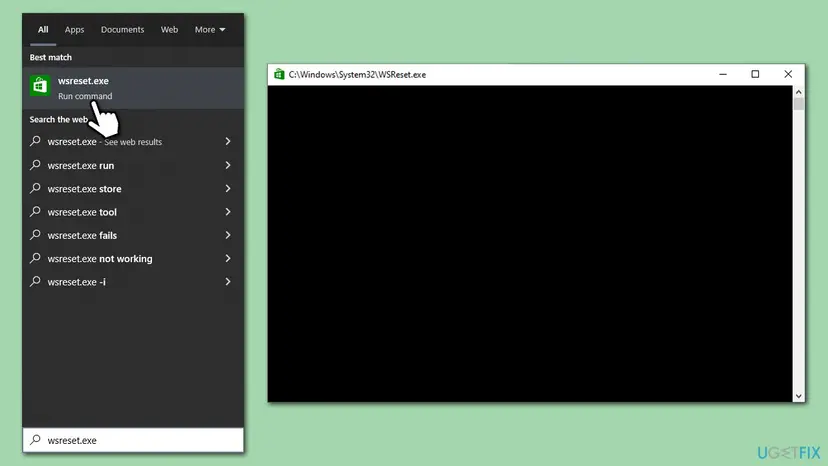 Windows search results for wsreset.exe with Run command selected and the empty WSReset.exe window that clears the Microsoft Store cache