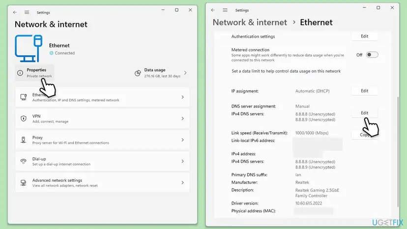 Windows 11 Settings, Network and internet with the Ethernet Properties button, next to the Ethernet page showing IP assignment Automatic (DHCP) with an Edit button and the DNS server assignment