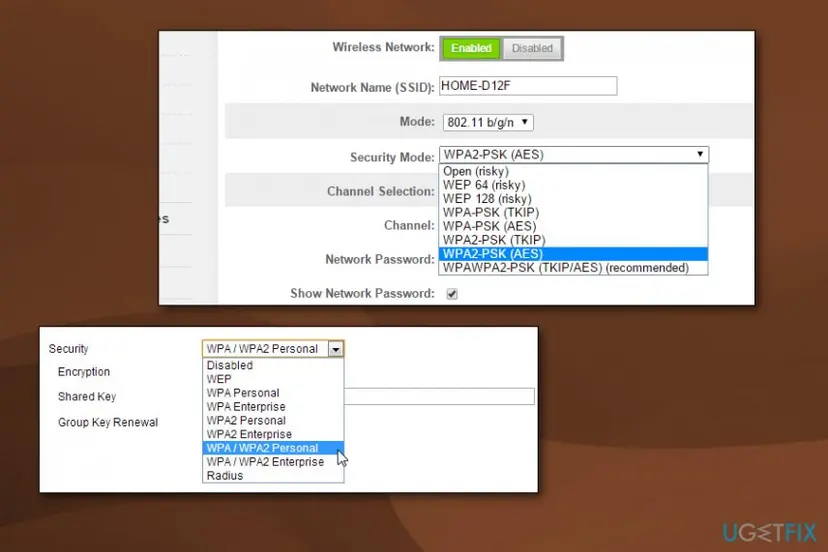 Two router settings pages with the Wi-Fi security mode menus open, showing WPA2-PSK (AES) and WPA / WPA2 Personal selected