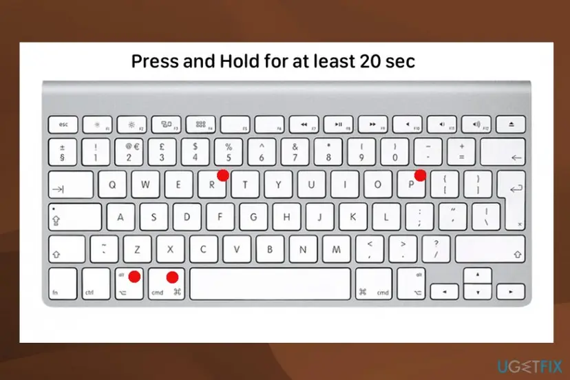Apple keyboard with red dots on the Option, Command, P and R keys and the text Press and Hold for at least 20 sec
