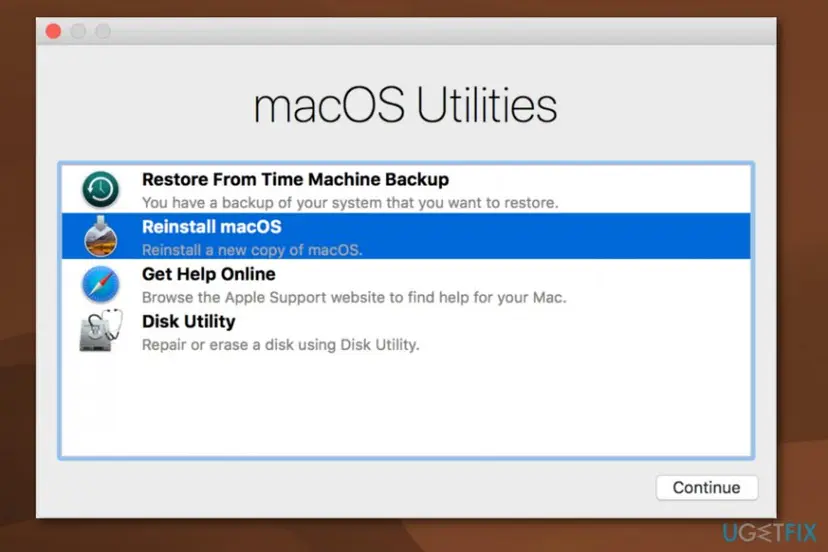 macOS Utilities window with four choices: Restore From Time Machine Backup, Reinstall macOS selected, Get Help Online and Disk Utility