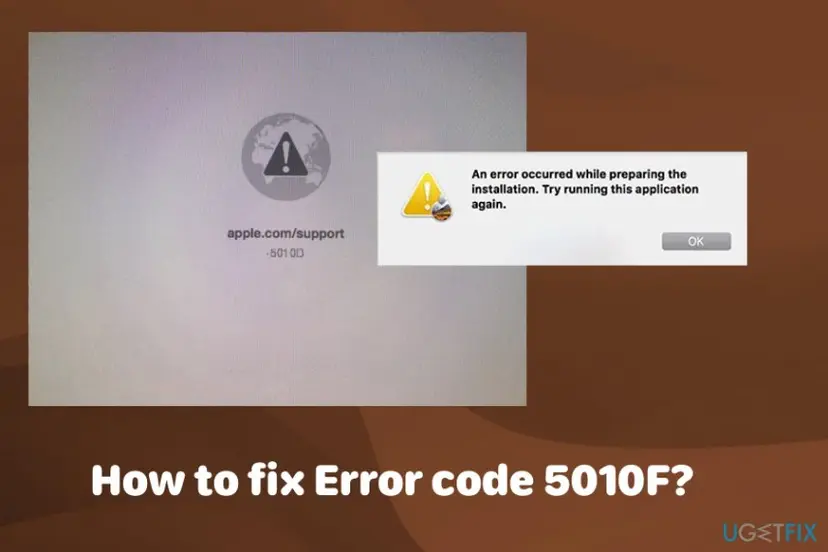 Mac screen with a gray globe, a warning sign, the text apple.com/support and a numbered error code, next to a macOS installer message saying an error occurred while preparing the installation