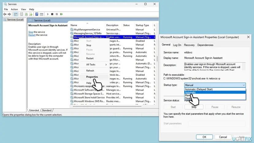 Services window with Microsoft Account Sign-in Assistant selected and its Properties dialog open, service name wlidsvc and the Startup type list
