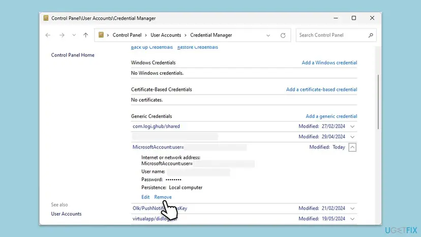 Credential Manager in Control Panel on Windows 11 with Generic Credentials listed, one Microsoft account entry expanded and its Remove link selected