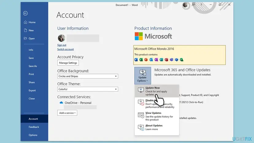 Word Account page with the Update Options menu open under Product Information and Update Now, Disable Updates, View Updates and About Updates listed