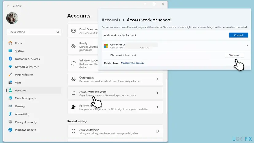 Windows 11 Settings, Accounts, Access work or school, with a connected account expanded and the Disconnect button next to Disconnect this account