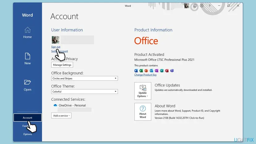 Word Account page with User Information on the left, the Sign out link selected under the account name, and Product Information with Update Options on the right