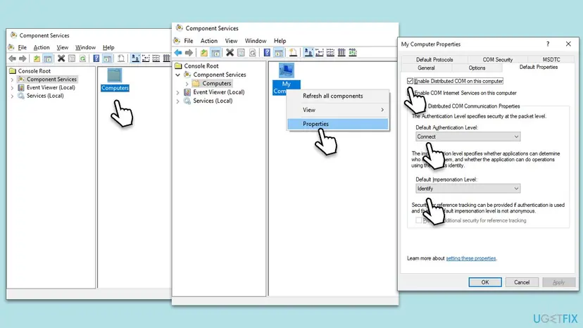 Component Services with Computers and My Computer Properties open on the Default Properties tab, showing Enable Distributed COM on this computer ticked, Authentication Level Connect and Impersonation Level Identify