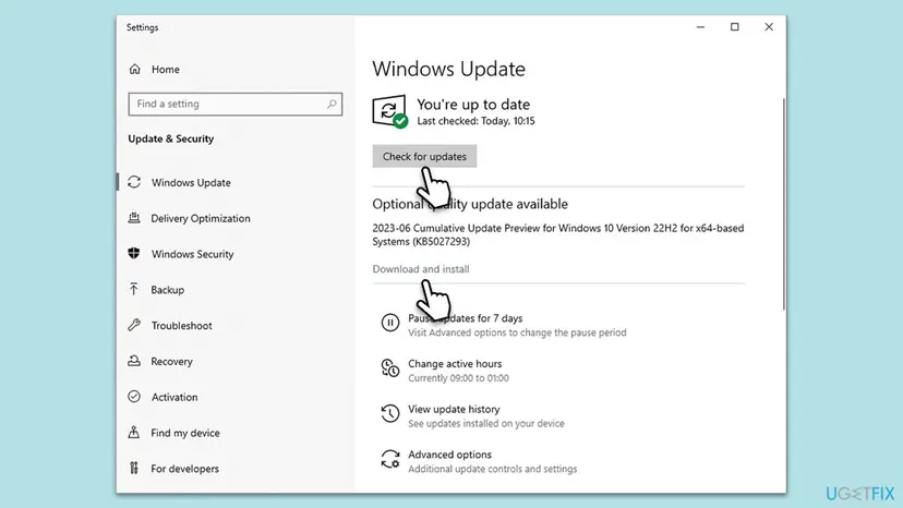 Windows Update page in Settings with the Check for updates button selected, used to install the latest cumulative update before testing DCOM event 10010 again