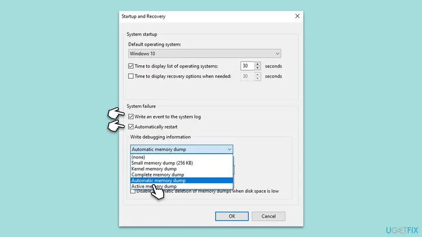 Startup and Recovery dialog with Write an event to the system log ticked and Automatic memory dump chosen in the Write debugging information list