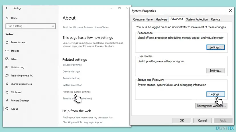 Settings About page with Advanced system settings, and System Properties on the Advanced tab with the Startup and Recovery Settings button