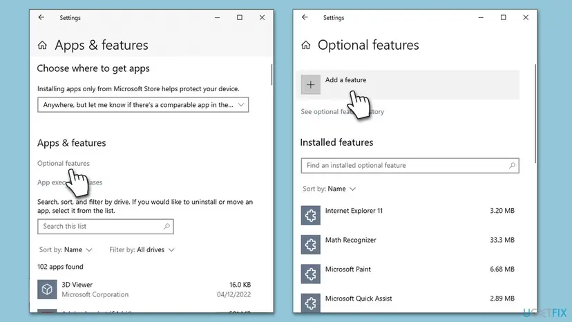 Windows 10 Settings with Apps and features and the Optional features link, next to the Optional features page with the Add a feature button