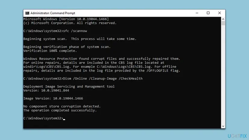 Administrator Command Prompt on Windows 10 after sfc /scannow repaired corrupt files and DISM CheckHealth found no component store corruption