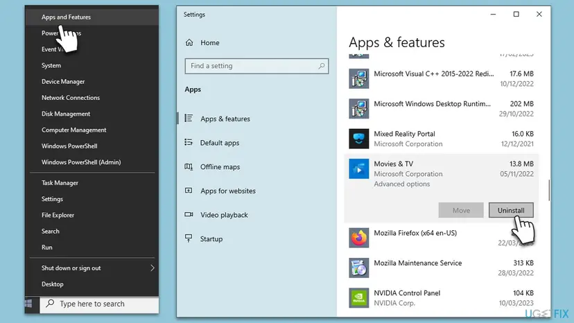 Windows 10 Start button menu with Apps and Features, next to the Apps and features list with a selected app and its Uninstall button