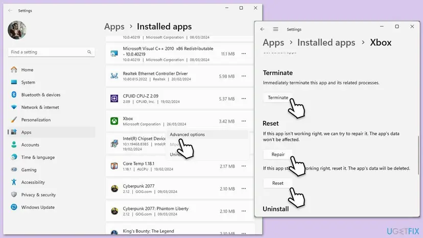 Windows 11 Settings, Apps, Installed apps with Advanced options open for the Xbox app and its Terminate, Repair and Reset buttons