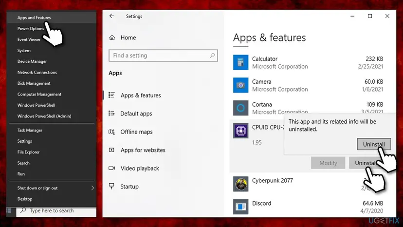Windows 10 Settings, Apps and features list with an app selected and the Uninstall confirmation button, opened from the Start button menu