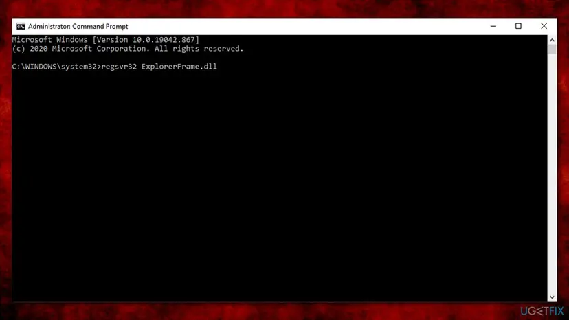 Administrator Command Prompt on Windows 10 build 19042 with the command regsvr32 ExplorerFrame.dll typed at the system32 prompt