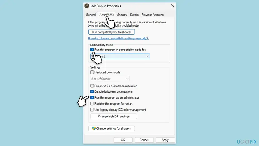 Compatibility tab of the JadeEmpire.exe Properties window with compatibility mode and Disable fullscreen optimizations ticked
