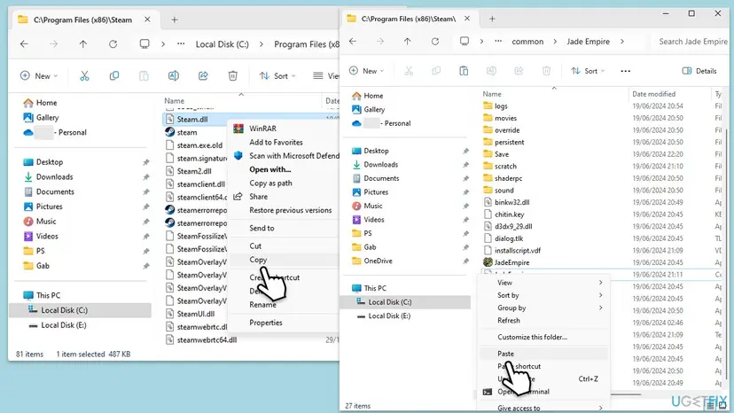 Two File Explorer windows: Steam.dll selected in the Steam folder and pasted into the Jade Empire game folder next to the game's executable