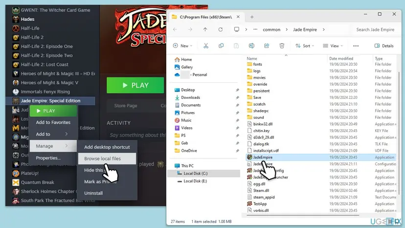 Steam Library right-click menu at Manage and Browse local files next to the opened game folder in File Explorer with the game executable