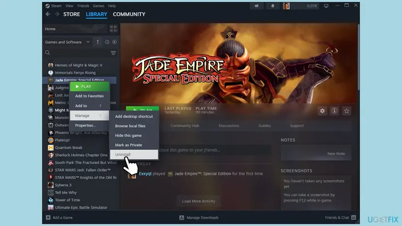 Steam Library with the right-click menu of a game open at Manage and the Uninstall option highlighted