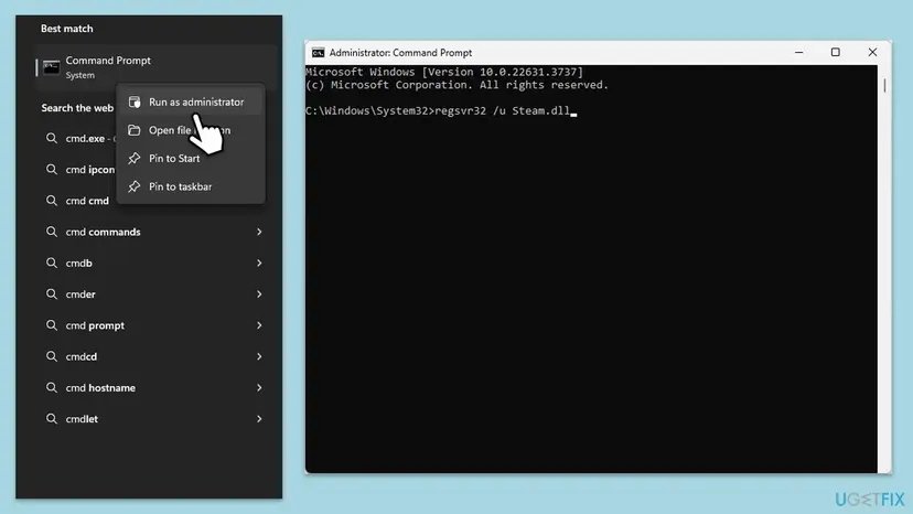 Command Prompt opened as administrator with the regsvr32 commands for Steam.dll typed in