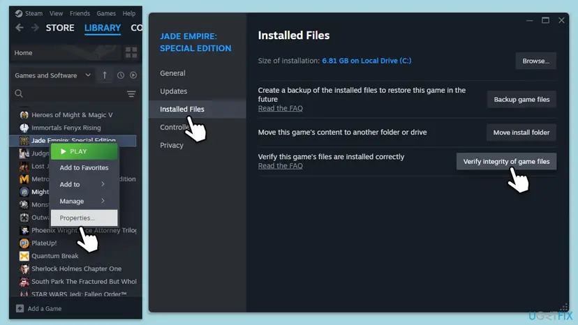 Steam client with the game's Properties open on Installed Files and the Verify integrity of game files button