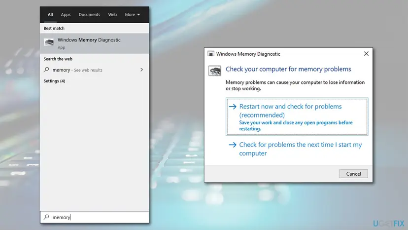 Windows Search showing Windows Memory Diagnostic and the tool open with the restart now and check for problems option