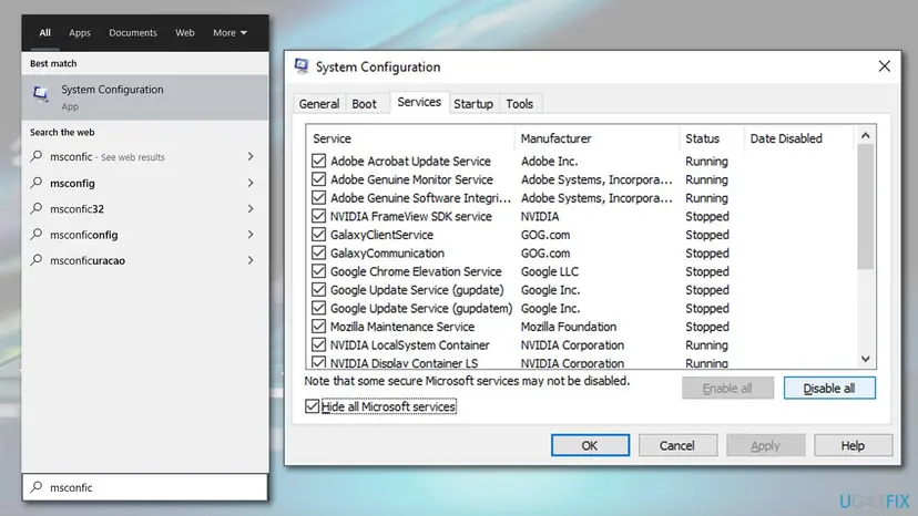 System Configuration window on the Services tab with Hide all Microsoft services ticked and the Disable all button