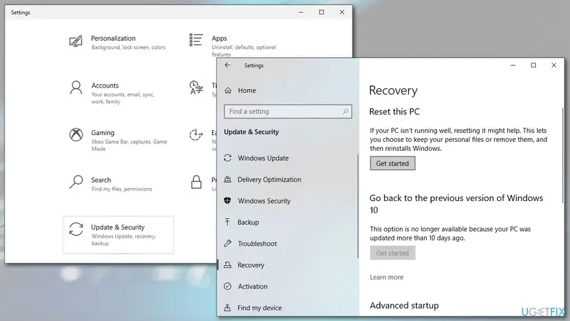 Windows 10 Settings with Update and Security open and the Recovery page that holds the Reset this PC section