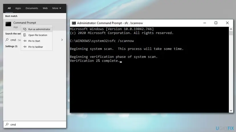 Windows Start search showing Command Prompt next to an elevated Command Prompt window that runs sfc scannow