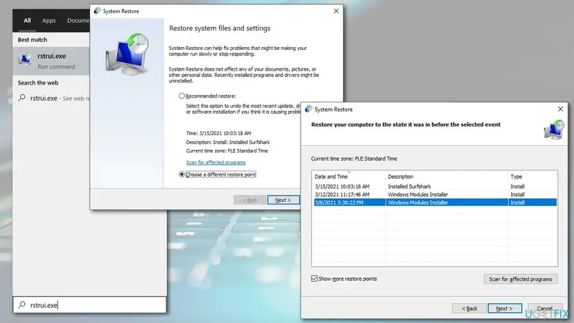 Windows search for rstrui.exe and the System Restore wizard with a list of restore points to choose from